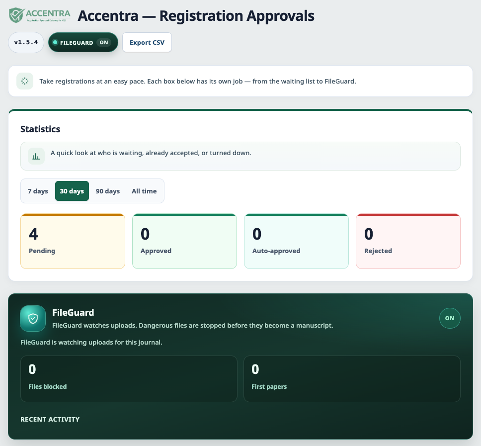 Panel Accentra dengan statistik, penjelasan singkat, dan FileGuard
