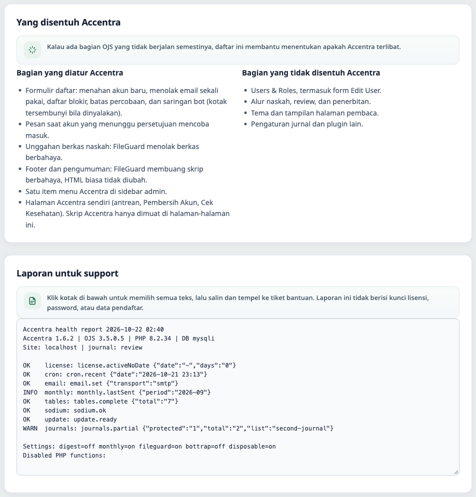 Bagian Yang disentuh Accentra dengan dua daftar, dan kotak Laporan untuk support berisi ringkasan teks