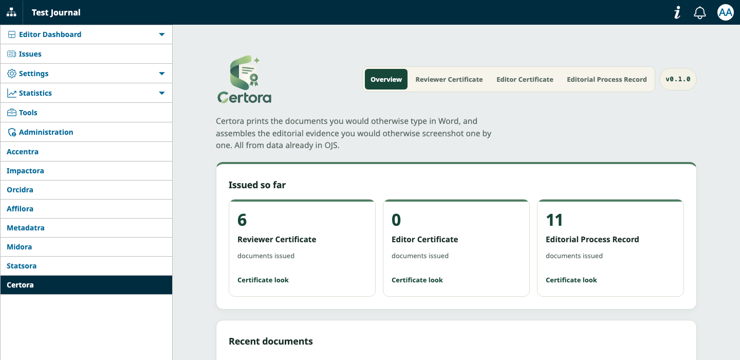 Certora - Panel penerbitan di OJS