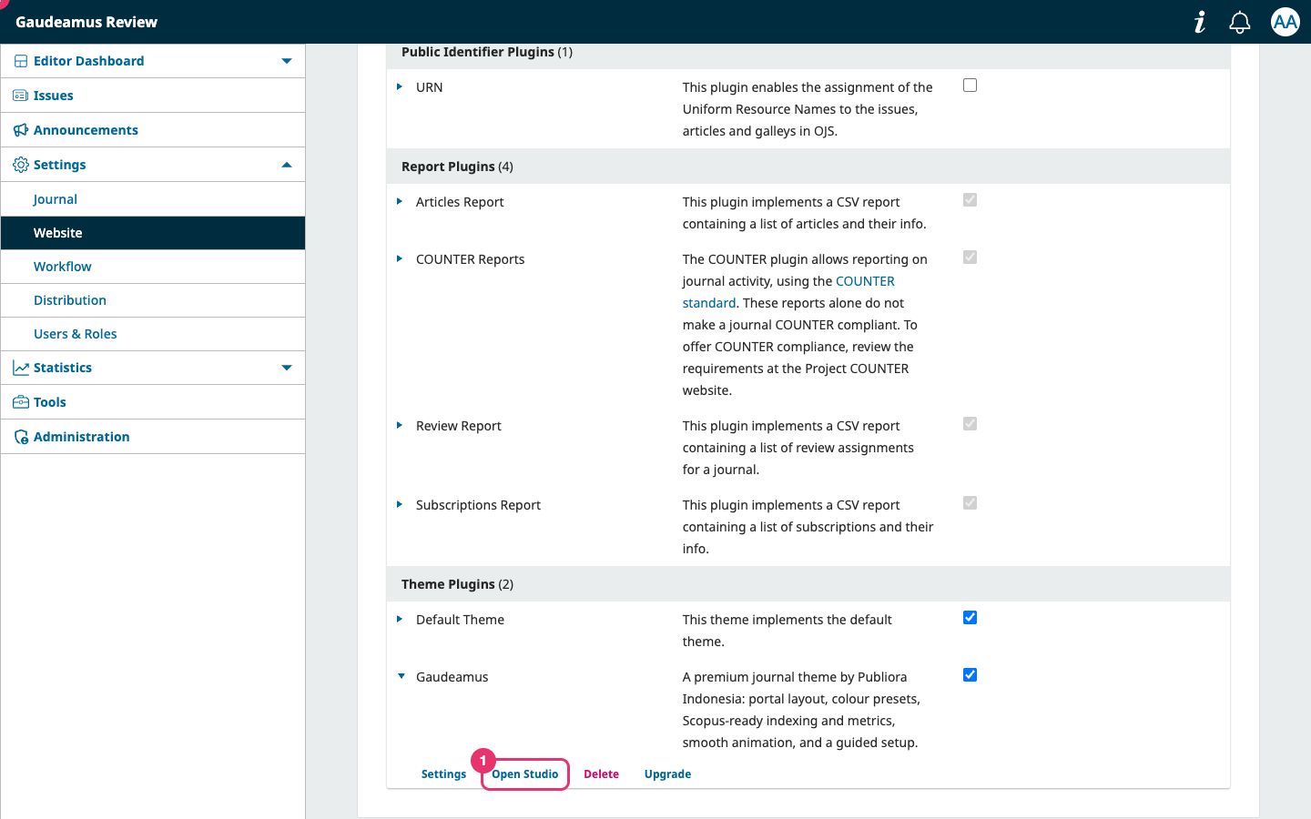 Baris plugin Gaudeamus dengan tautan Open Studio dan Settings