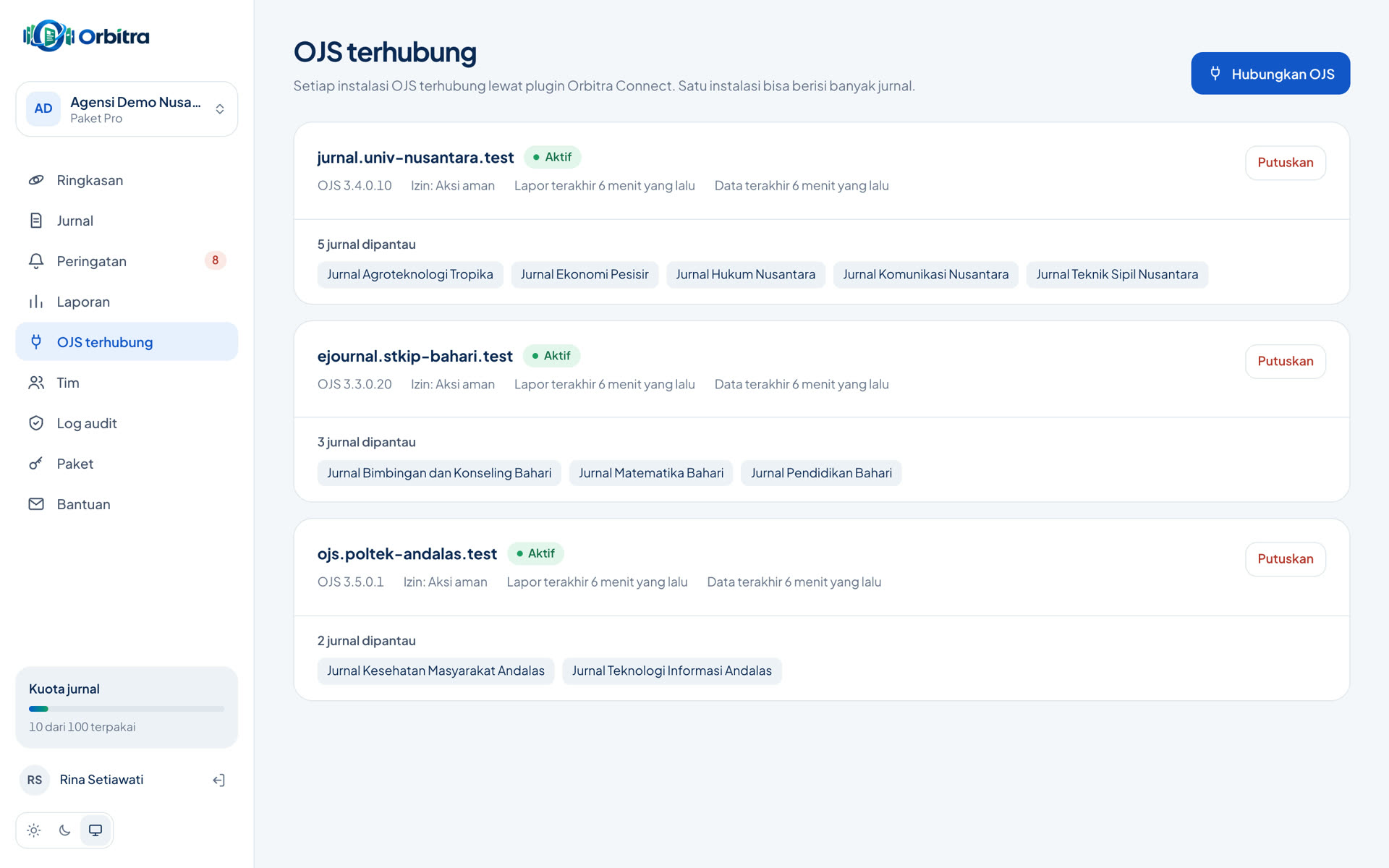 Daftar instalasi OJS yang terhubung ke Orbitra: tiga domain dengan versi OJS 3.3, 3.4, dan 3.5