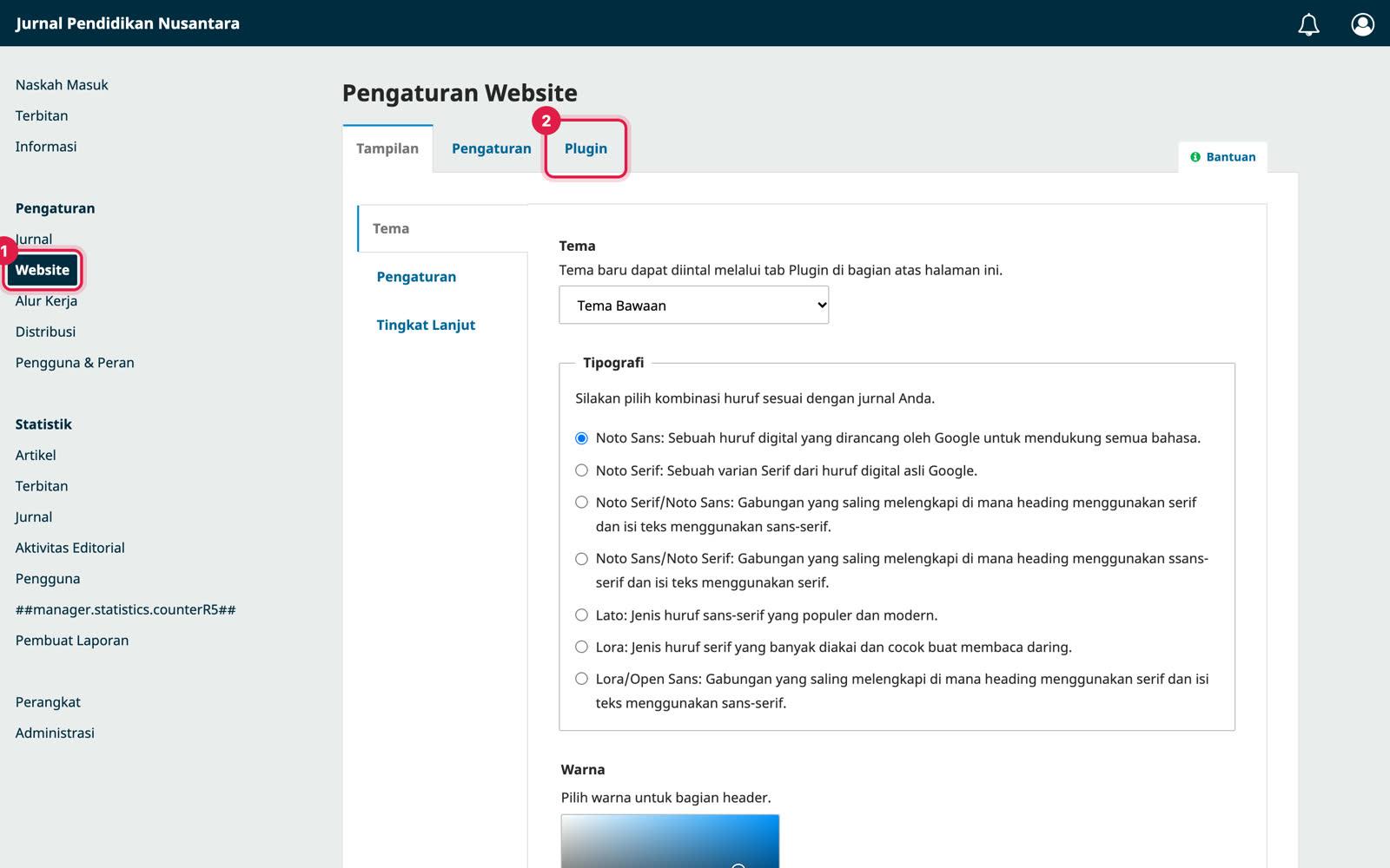 Halaman Pengaturan Website di OJS dengan menu Website dan tab Plugin ditandai