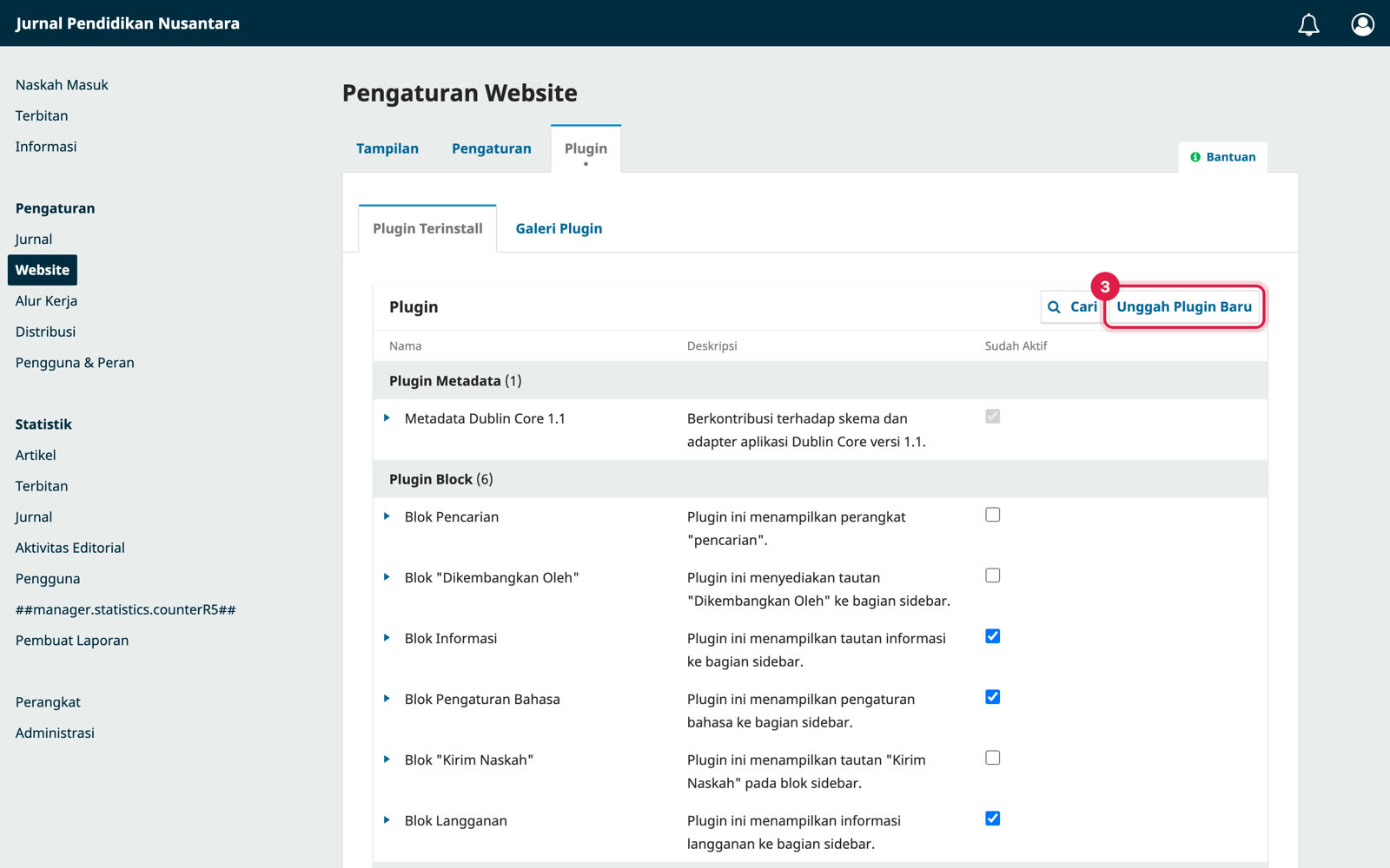 Daftar Plugin Terinstall di OJS dengan tombol Unggah Plugin Baru ditandai
