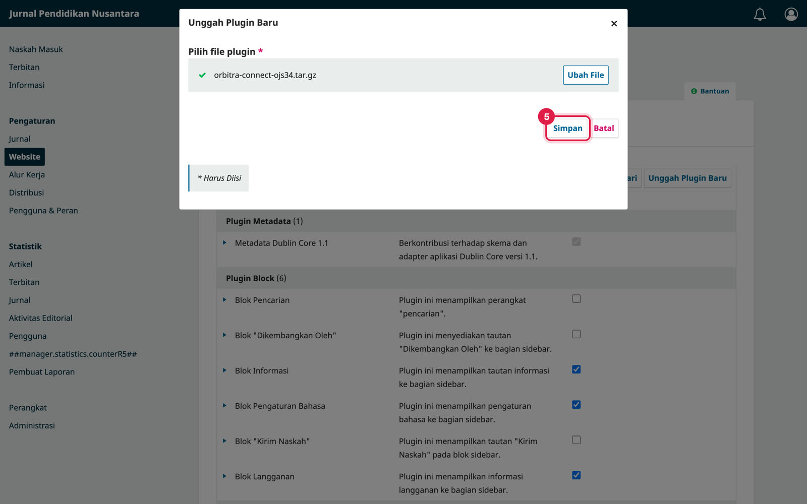 Berkas orbitra-connect-ojs34.tar.gz sudah terpilih, tombol Simpan ditandai
