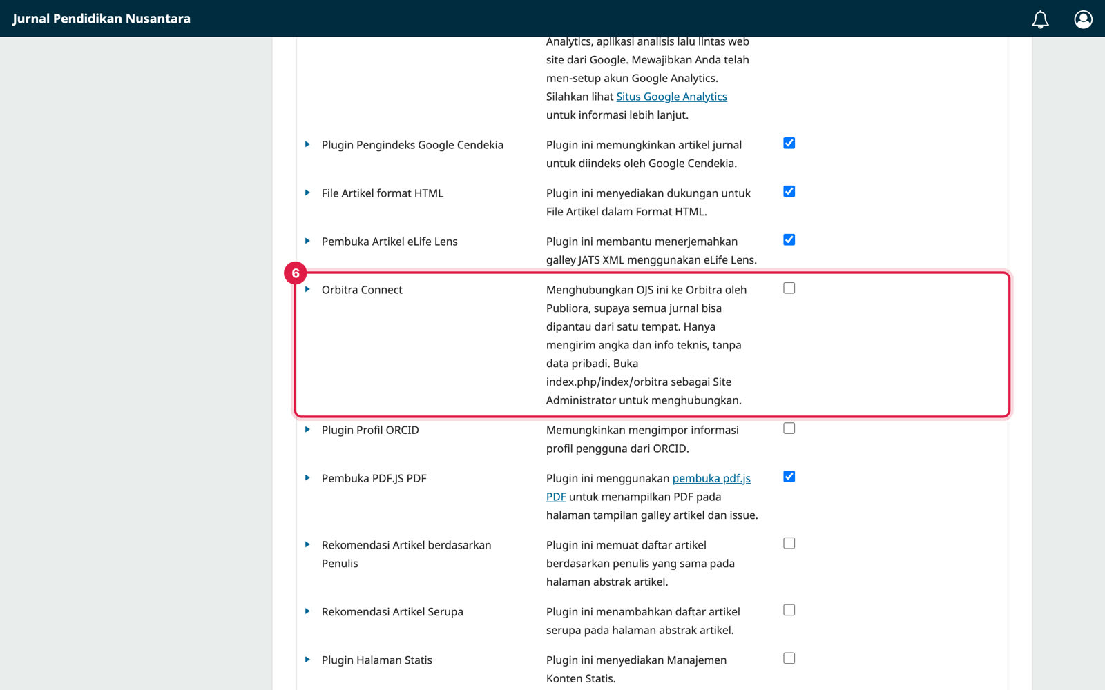 Baris Orbitra Connect di daftar plugin OJS, kotak Sudah Aktif belum dicentang