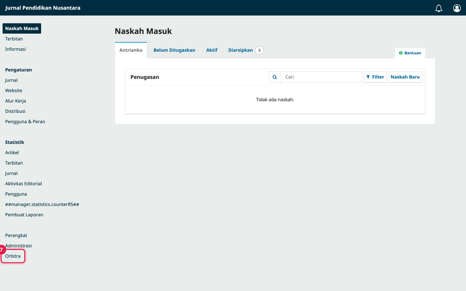 Menu Orbitra di sidebar OJS, di bawah Administrasi, ditandai