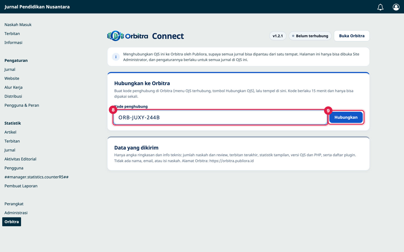 Halaman Orbitra Connect di dalam OJS, kotak kode penghubung dan tombol Hubungkan ditandai