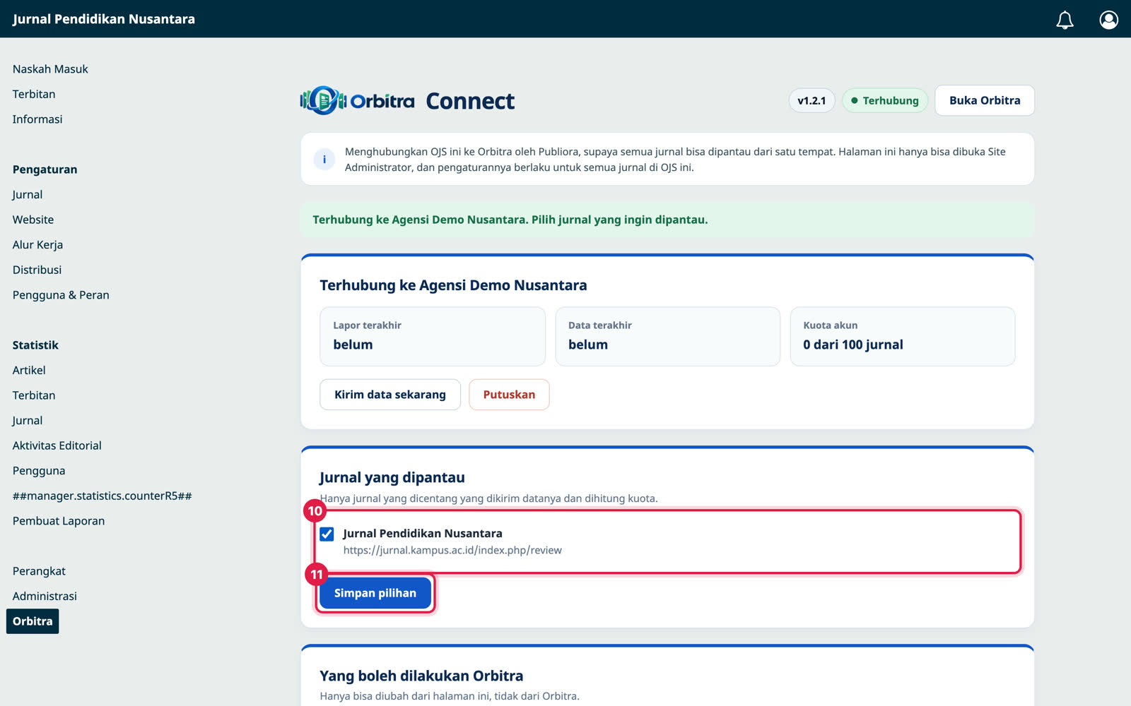 Daftar jurnal di halaman Orbitra Connect dengan satu jurnal dicentang dan tombol Simpan pilihan