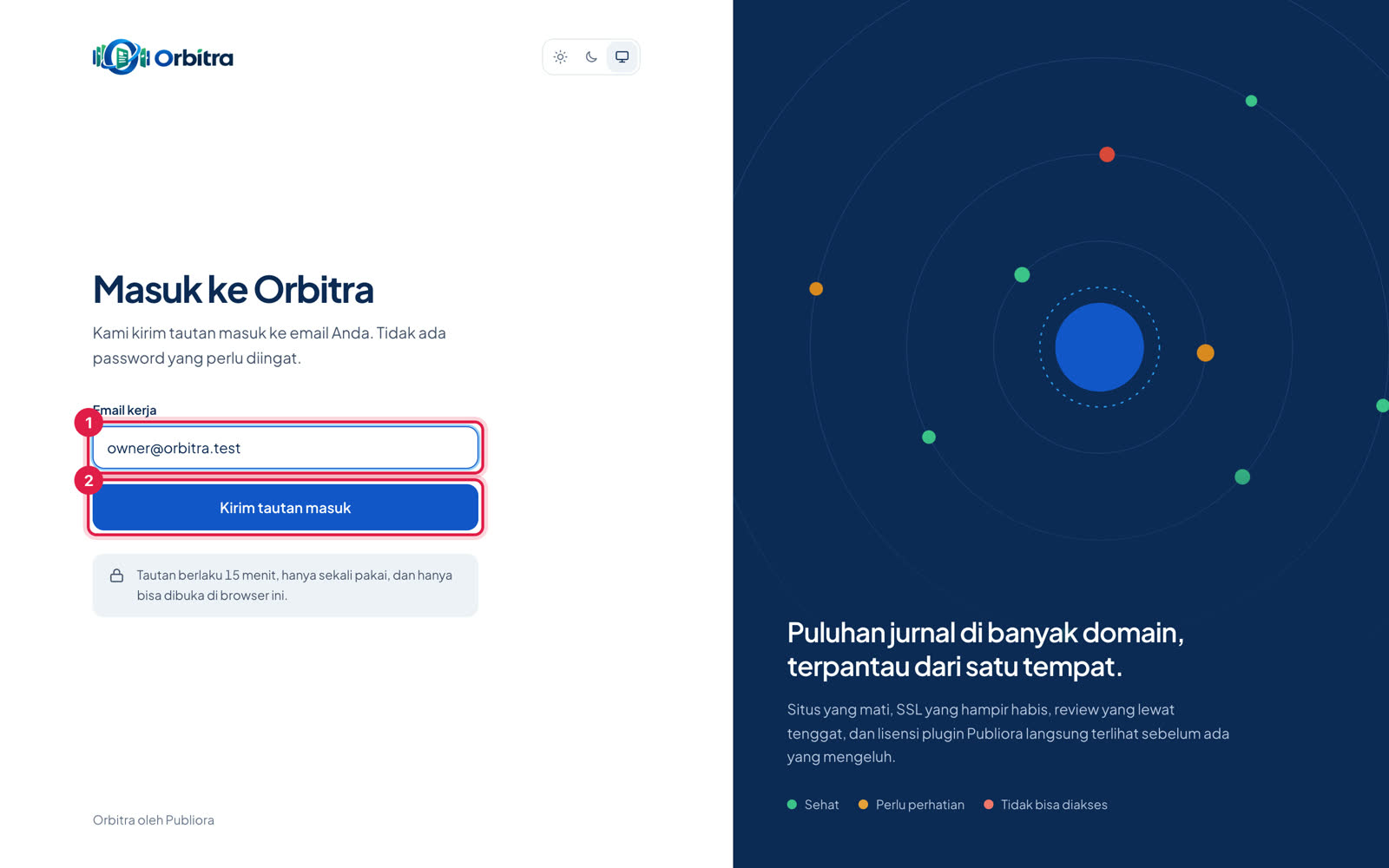 Halaman Masuk ke Orbitra dengan kotak email dan tombol Kirim tautan masuk