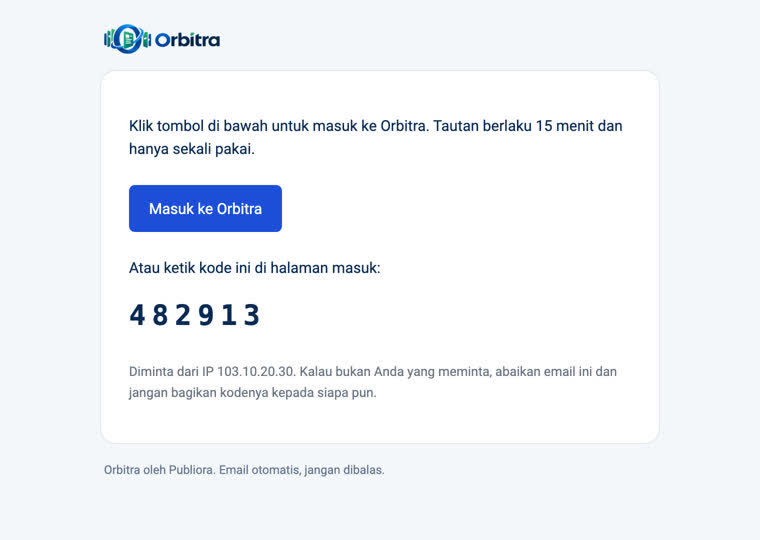 Isi email Masuk ke Orbitra: tombol Masuk ke Orbitra dan kode 6 angka