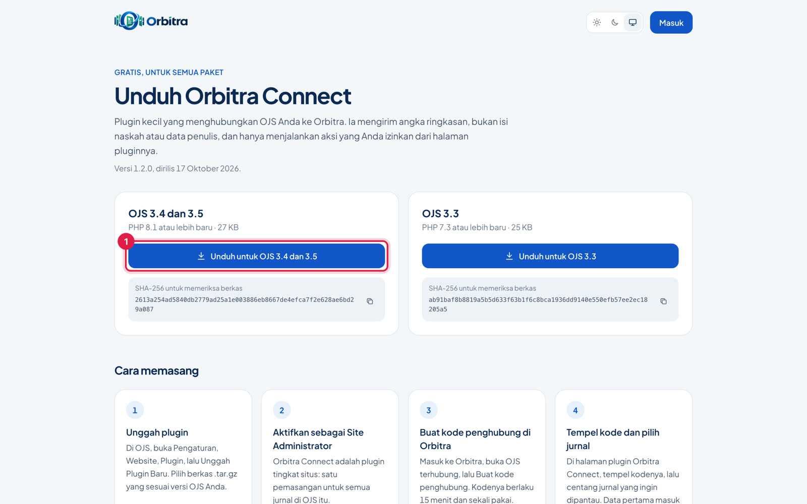 Halaman Unduh Orbitra Connect dengan dua tombol unduh: OJS 3.4 dan 3.5, serta OJS 3.3