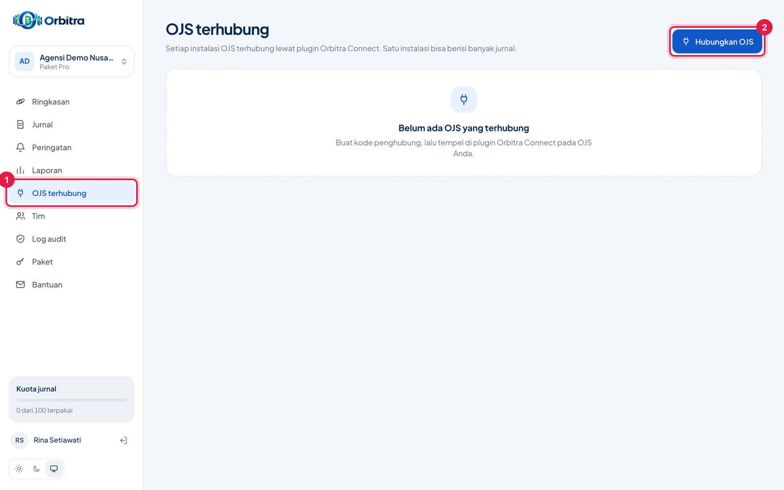 Halaman OJS terhubung di Orbitra, menu dan tombol Hubungkan OJS ditandai