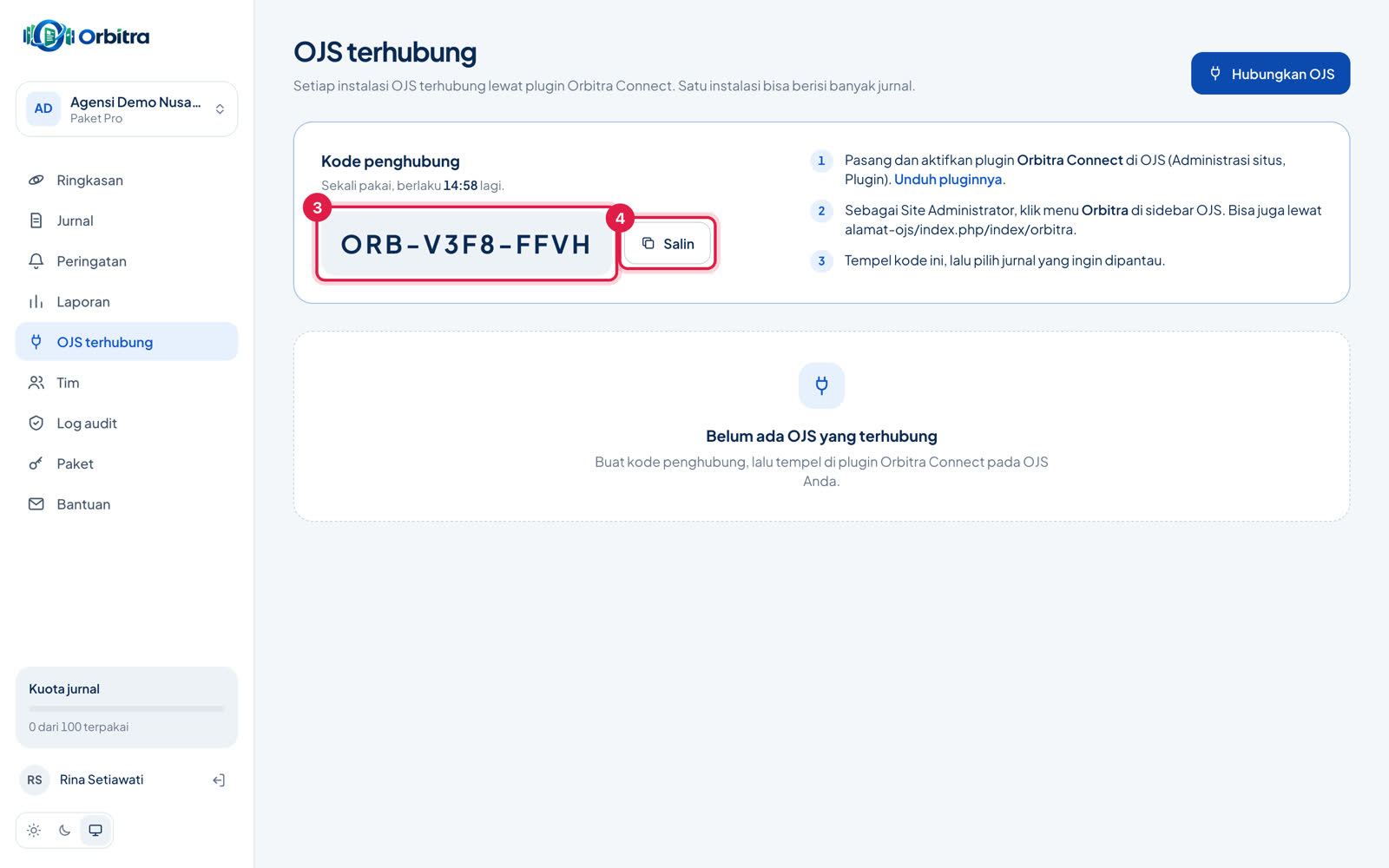Kode penghubung ORB di Orbitra dengan tombol Salin ditandai