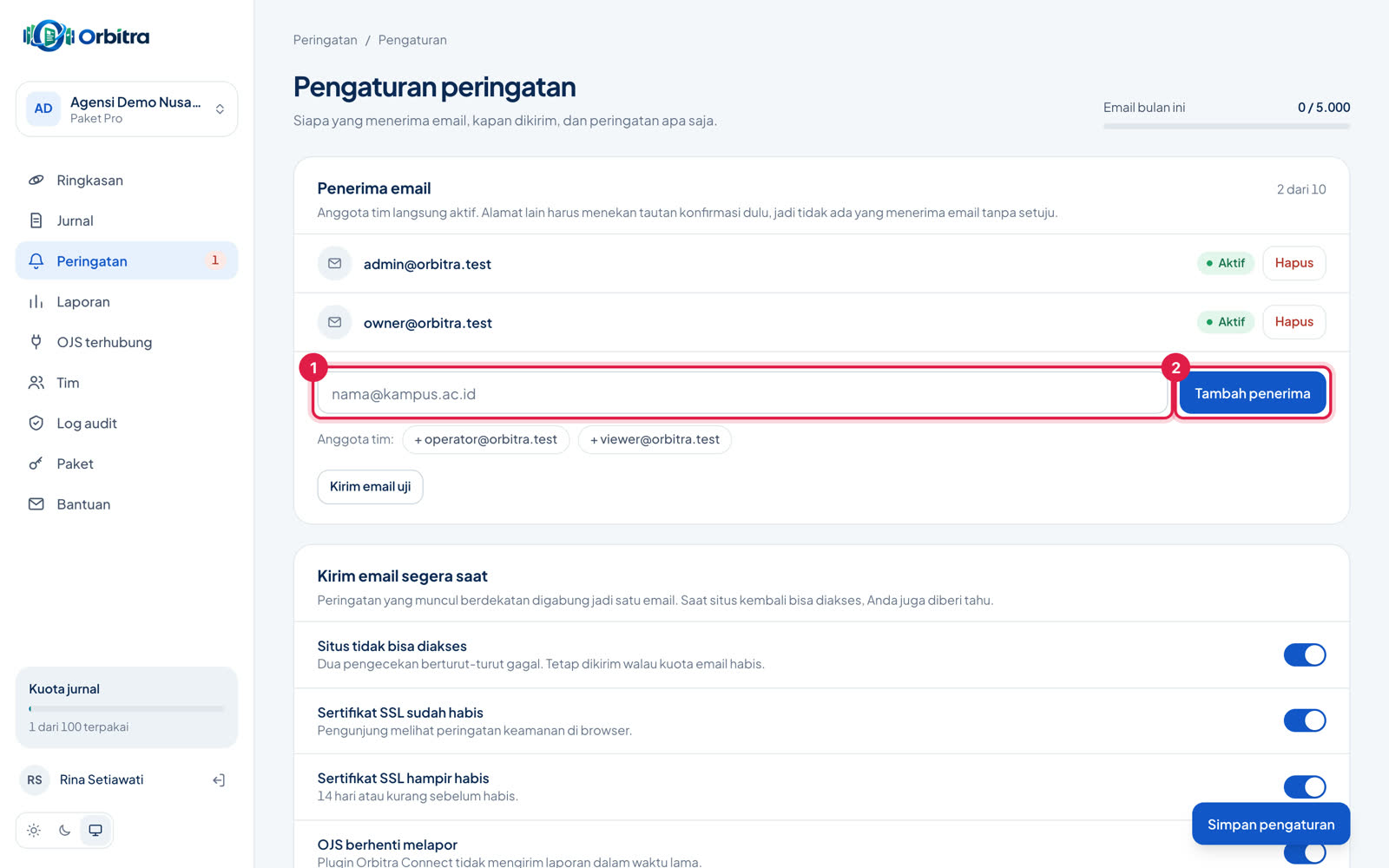 Pengaturan peringatan dengan kotak email dan tombol Tambah penerima ditandai