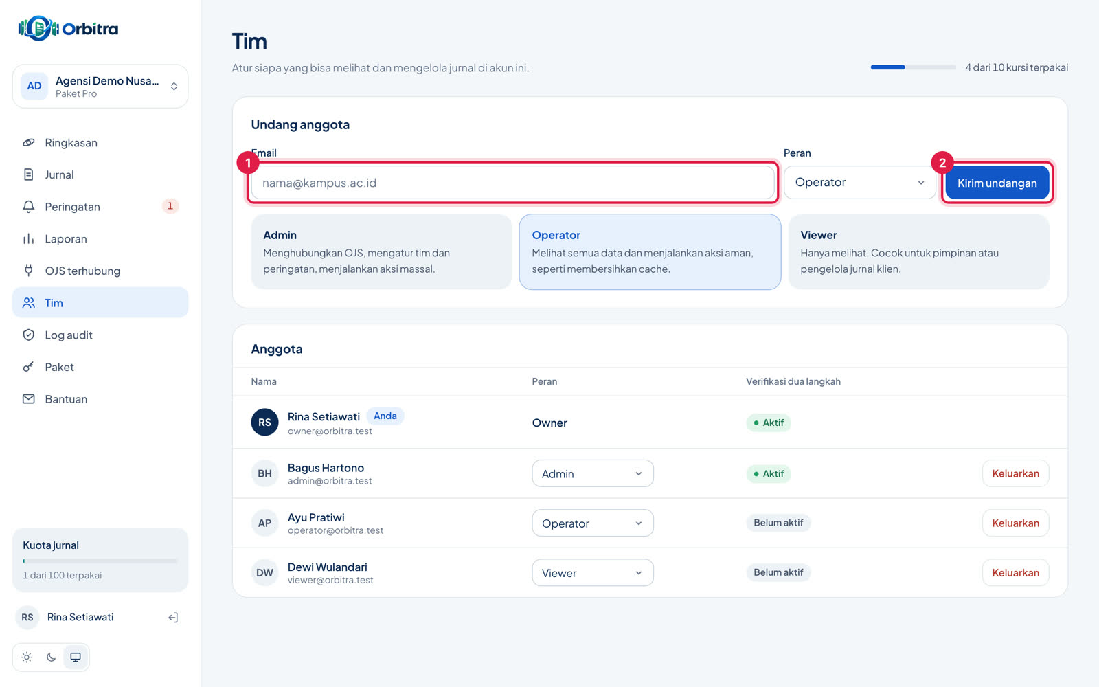 Halaman Tim dengan kotak email undangan dan tombol Kirim undangan ditandai