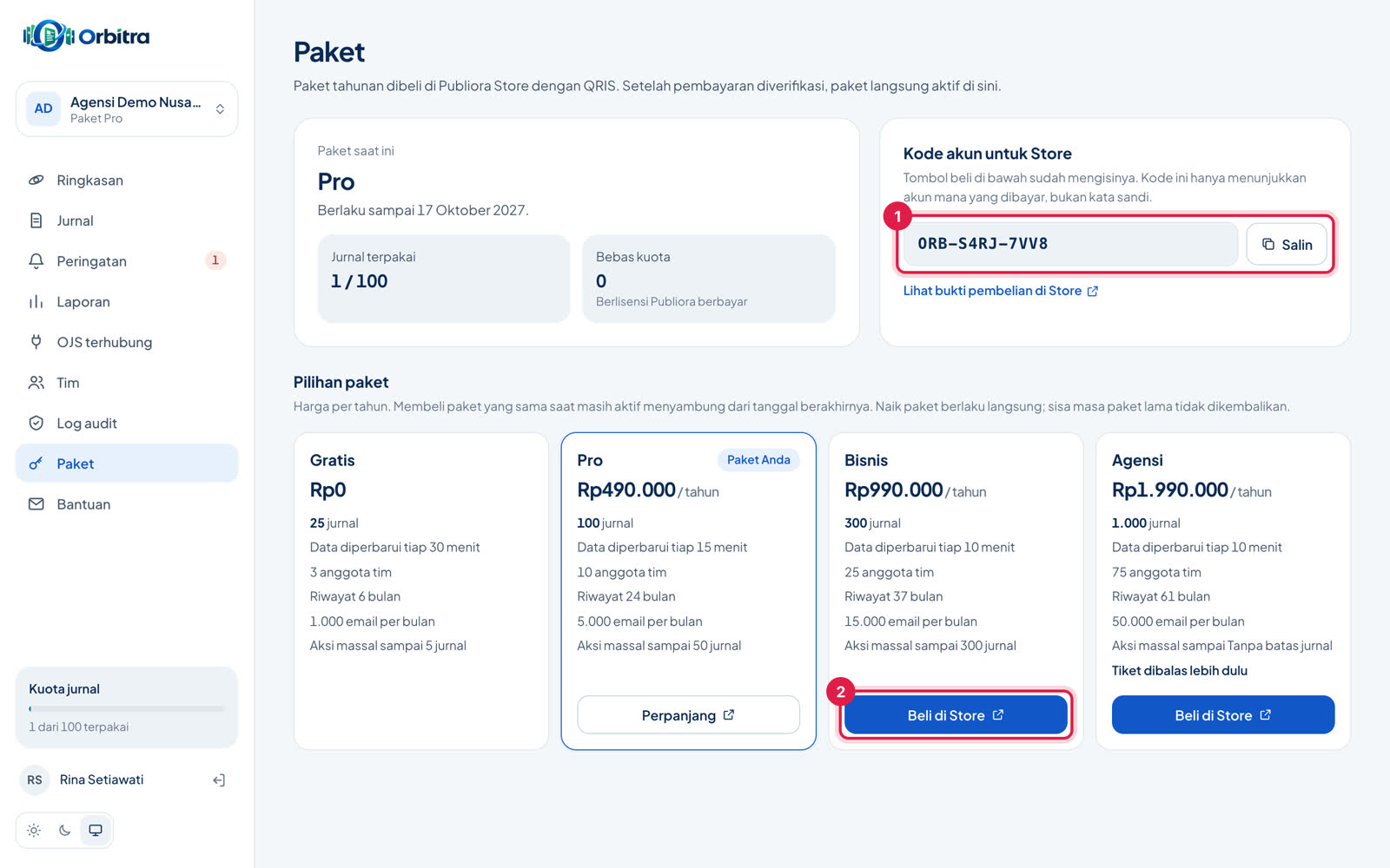 Halaman Paket di Orbitra dengan kode akun untuk Store dan tombol Beli di Store ditandai