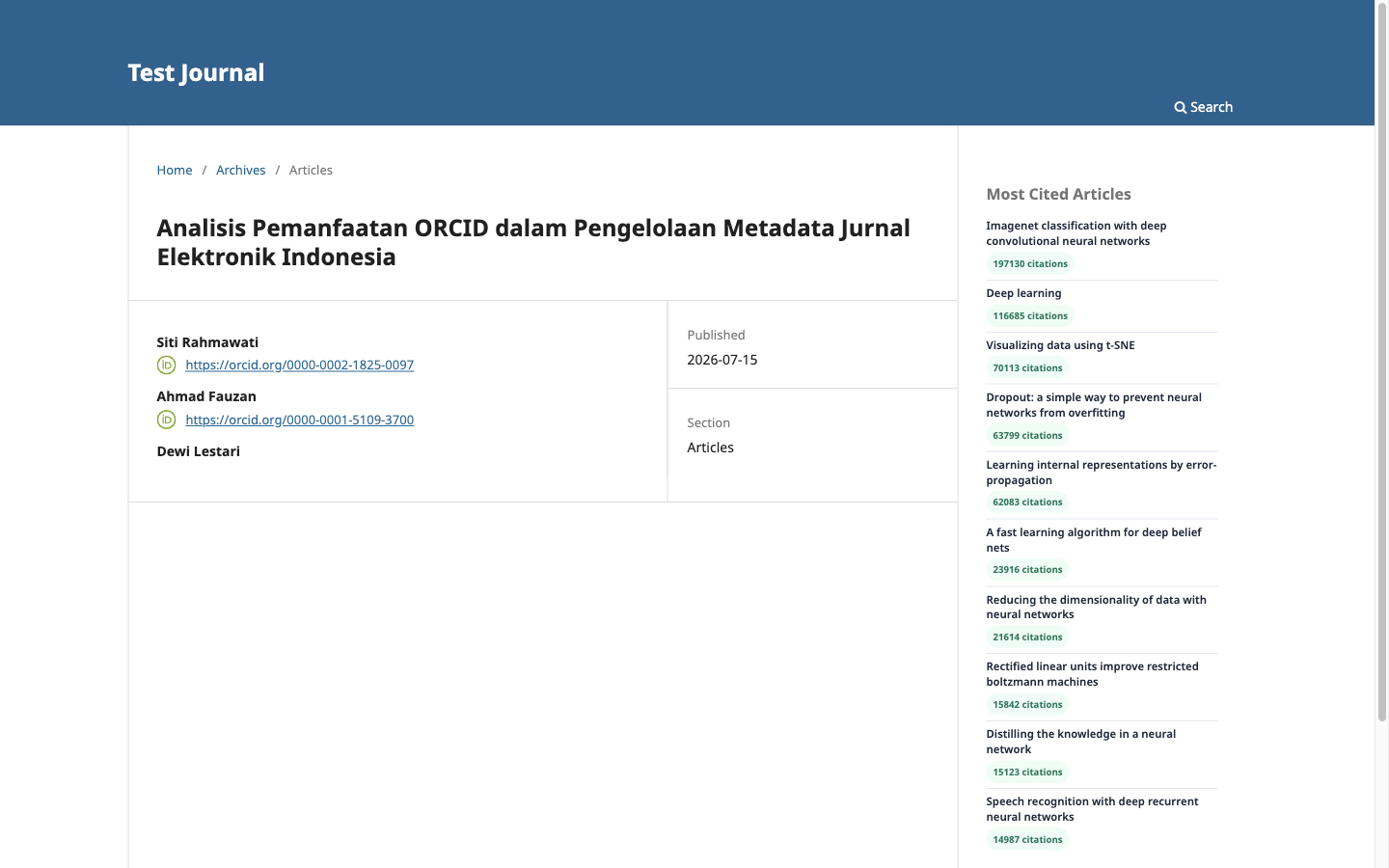 ORCID penulis tampil sebagai tautan pada halaman artikel OJS 3.5