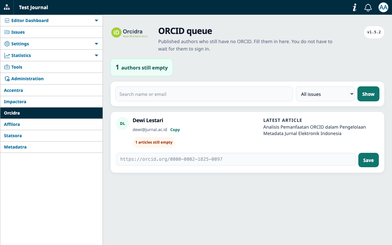 Antrian Orcidra: penulis terbit yang ORCID-nya masih kosong, diisi dari panel admin OJS 3.5