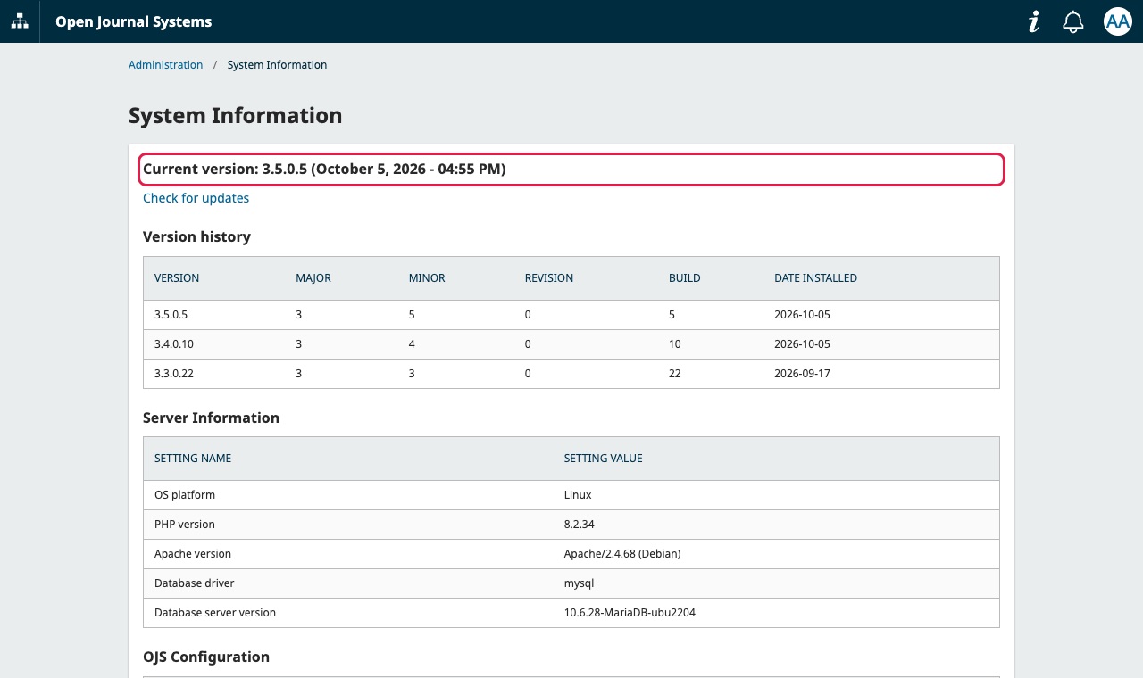 Halaman System Information OJS dengan baris Current version di bagian atas