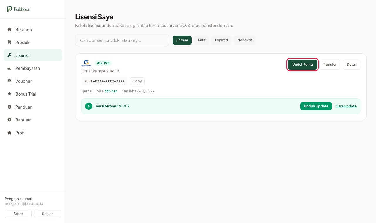 Halaman Lisensi Saya di dashboard Publiora dengan tombol Unduh tema