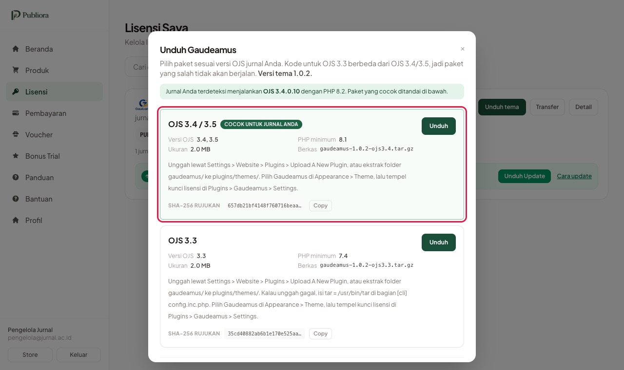 Jendela pilihan paket dengan paket OJS 3.4 / 3.5 bertanda Cocok untuk jurnal Anda