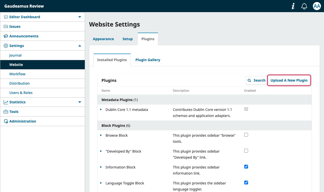 Tab Plugins di Website Settings OJS dengan tombol Upload A New Plugin