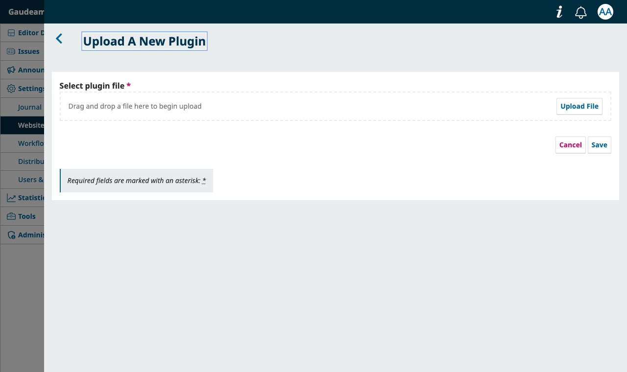 Jendela Upload A New Plugin dengan tombol Upload File dan Save