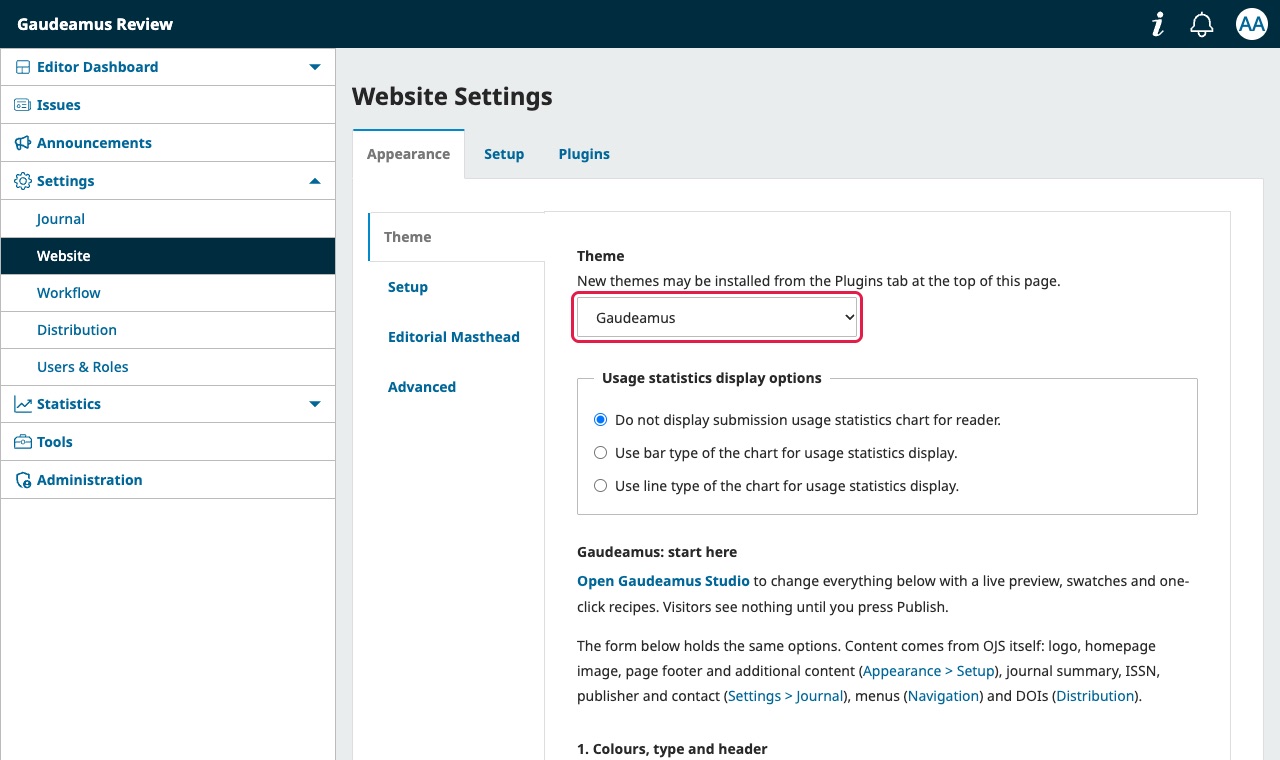 Tab Appearance di Website Settings dengan pilihan Theme berisi Gaudeamus