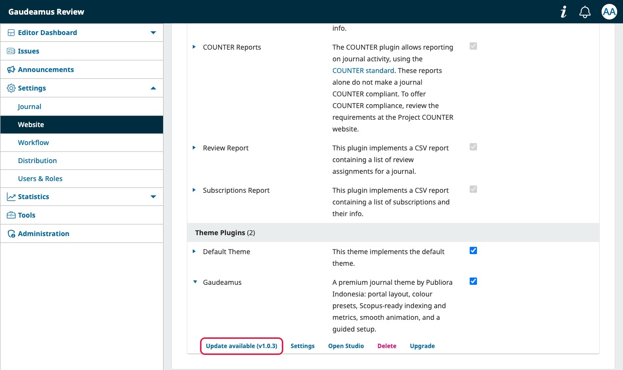 Baris Gaudeamus di daftar plugin dengan tautan Update available
