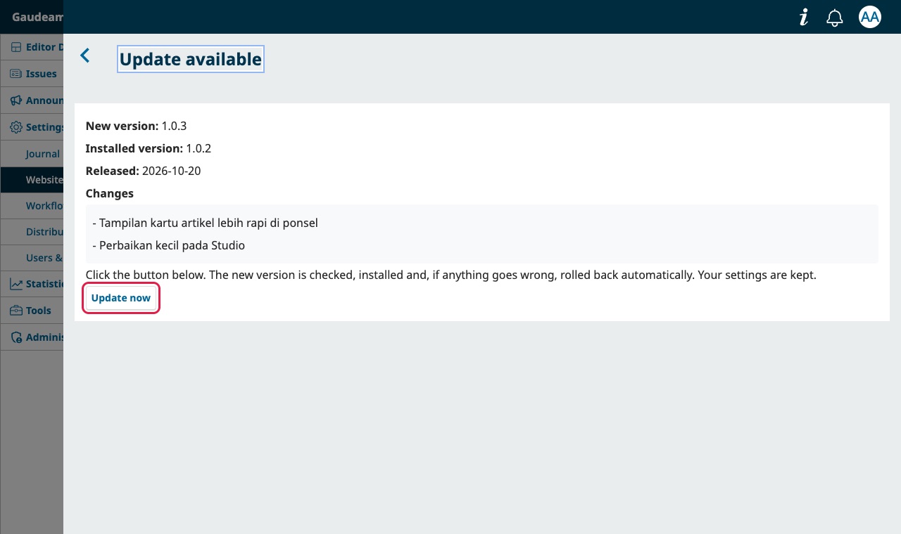 Jendela Update available berisi versi baru, catatan perubahan, dan tombol Update now