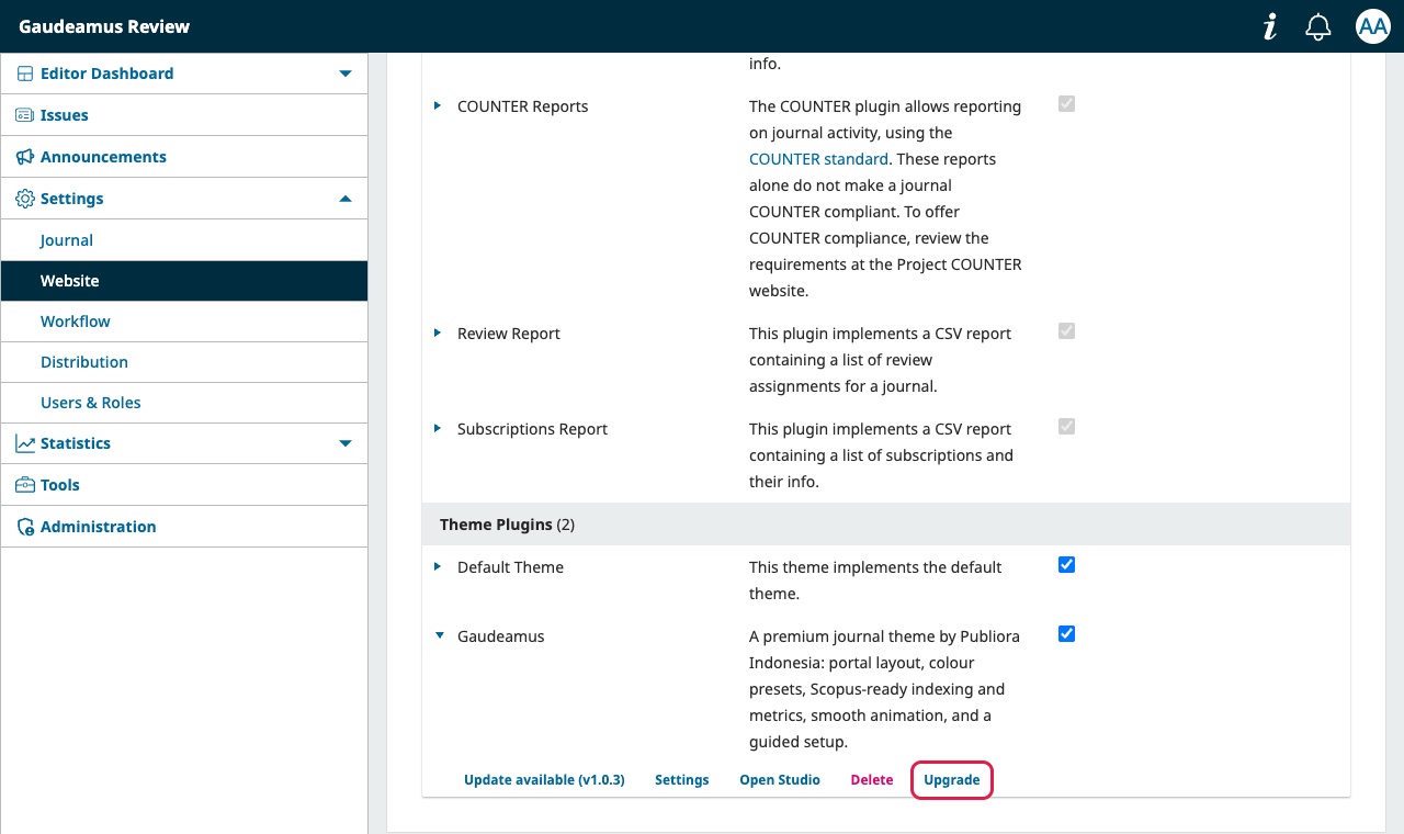 Baris Gaudeamus di daftar plugin dengan tautan Upgrade
