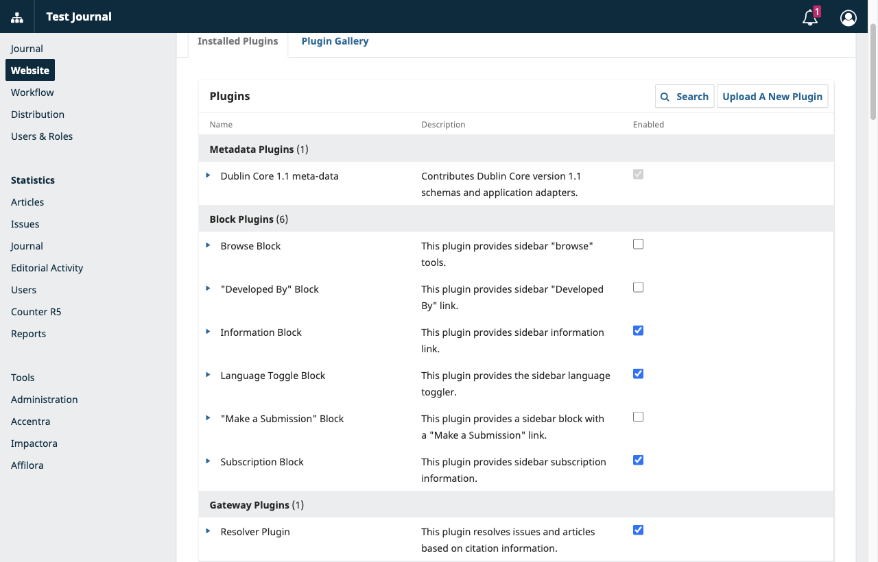 Halaman Website Settings pada tab Plugins, dengan tombol Upload A New Plugin di kanan atas