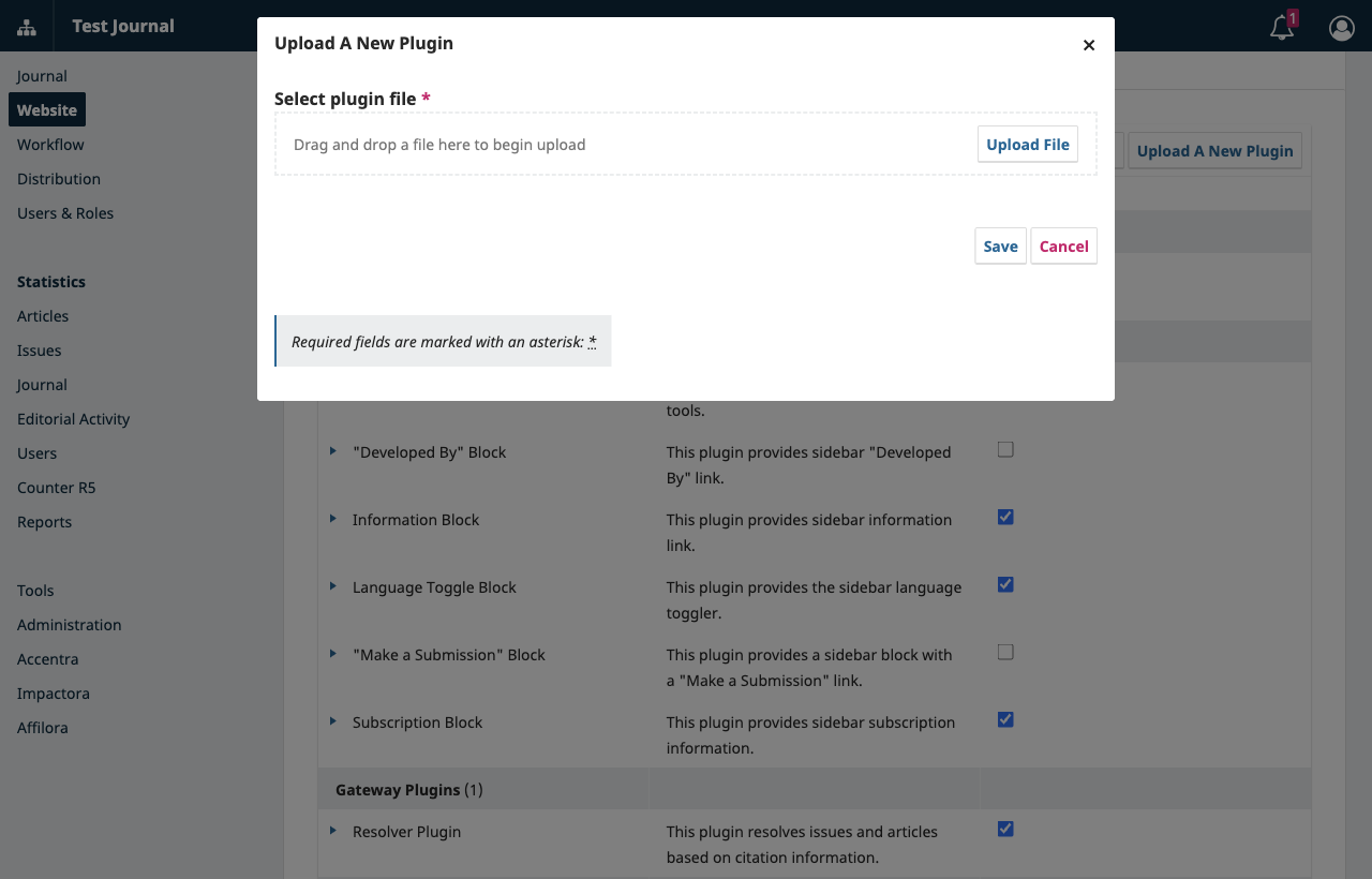 Jendela Upload A New Plugin dengan area unggah berkas dan tombol Save