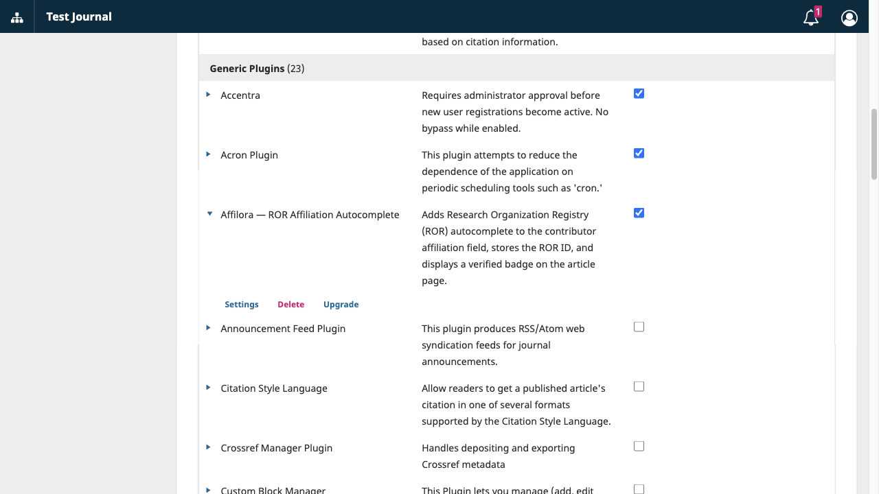 Baris plugin yang sudah dibentangkan, memperlihatkan tautan Settings, Delete, dan Upgrade serta kotak Enabled yang tercentang